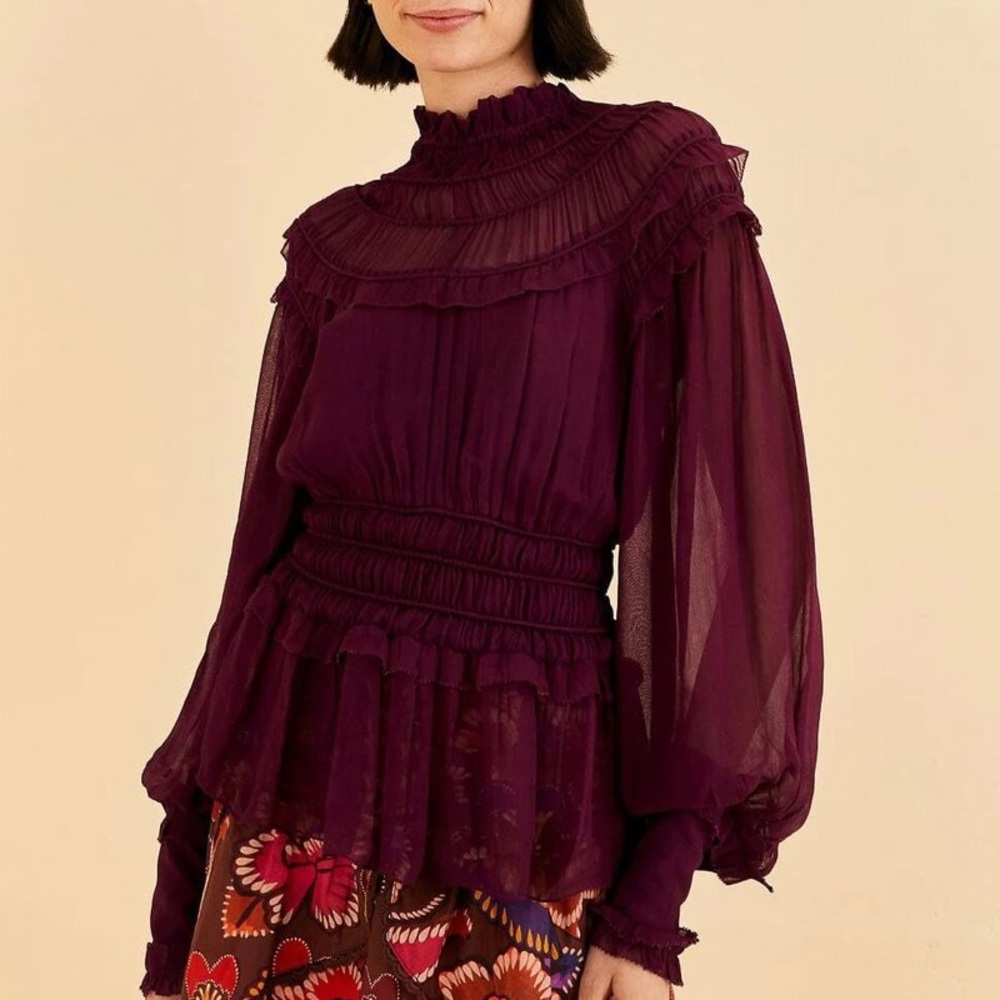 Farm Rio Ruffled High Neck Peplum Top in Burgundy size Small